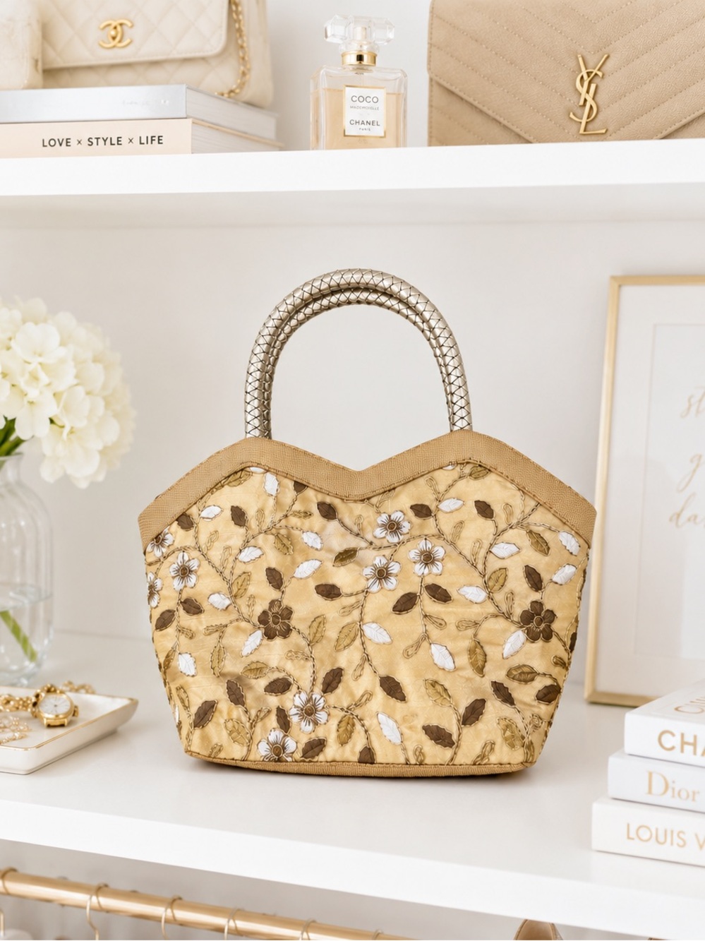Vintage Embroidered Evening Handbag Floral Satin Top Handle Gold Formal Purse